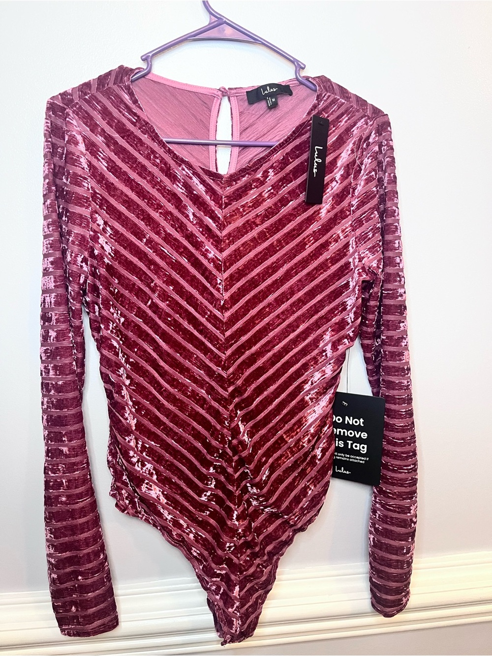 Lulu's Rose Pink Crushed Velvet Chevron Long-Sleeve Bodysuit